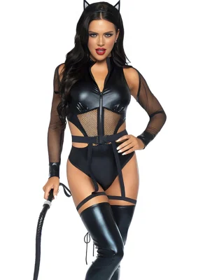 cat-costumes-lingerie-leather-black-bodysuit-1 role paly lingerie