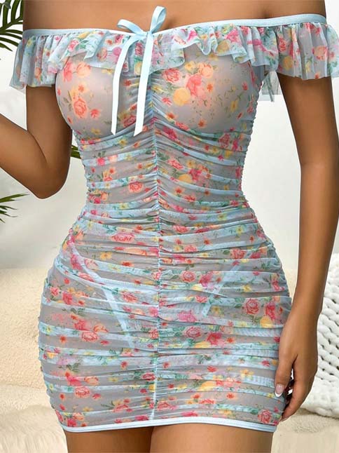 floral-printed-ruched-mesh-lingerie-1 slip lingerie dress