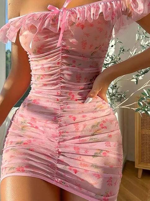 floral-printed-ruched-mesh-lingerie-4 slip lingerie dress