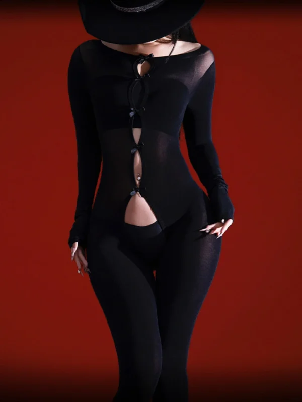 sexy-bodystocking-bownot-hollow-stocking-3 women's sexy bowknot hollow-out open crotch bodystocking sheer lace bodysuit with cutout design and bow detail lingerie