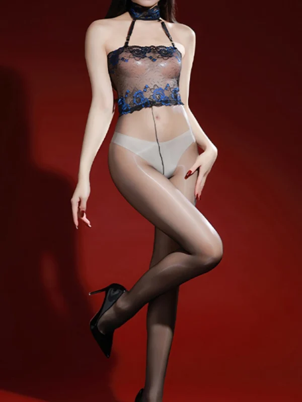 sexy-bodystocking-lace-high-neck-7 Women's sexy black lace bodystocking high-neck sheer body suit with long sleeve hosiery lingerie