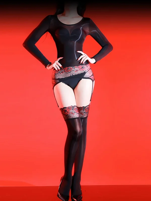 sexy-bodystocking-shiny-suspender-stocking-5 women's sexy shiny suspender bodystocking glossy lace bodysuit with detachable garter straps hosiery lingerie