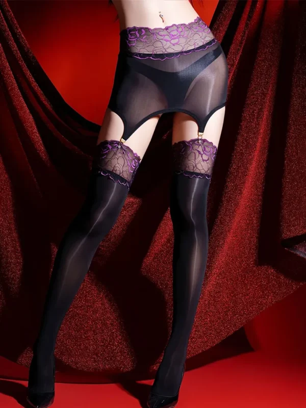 sexy-garter-stocking-suspender-lace-stockings-2 Suspender stockings with attached mini mesh skirt for women sexy lace-up garter belt hosiery with sheer hip overlay