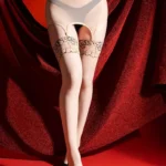 sexy-garter-stocking-suspender-lace-stockings-4 Suspender stockings with attached mini mesh skirt for women sexy lace-up garter belt hosiery with sheer hip overlay