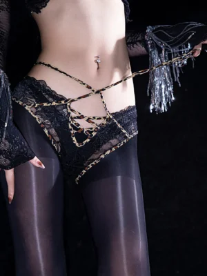 Low-rise pantyhose for women with leopard print waist strap and adjustable tie belt sexy sheer hosiery