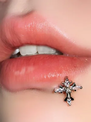 Sparkling diamond cross vintage lip piercing stud