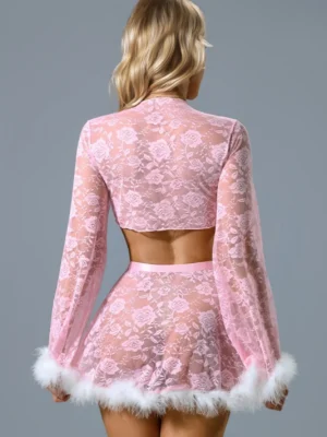 Bubbleoo pink rose lace lingerie set with fur trim